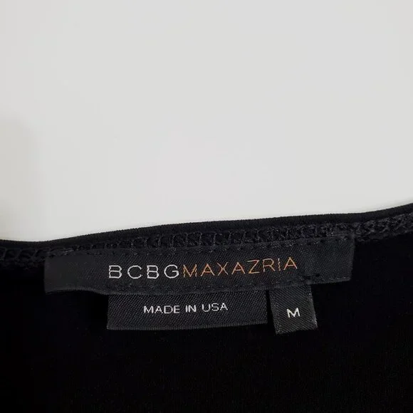BCBGMaxAzria Black Faux Wrap Midi Dress M 3/4 Sleeve Tie Ruched Minimalist - Picture 5 of 12